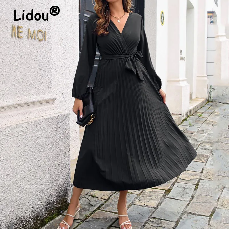 Купи Autumn 2022 Women New Fashion Solid Long Sleeve Sexy Cross V Neck Large Swing Pleated Dress Lace Up Chiffon Elegant Midi Dresses за 1,286 рублей в магазине AliExpress