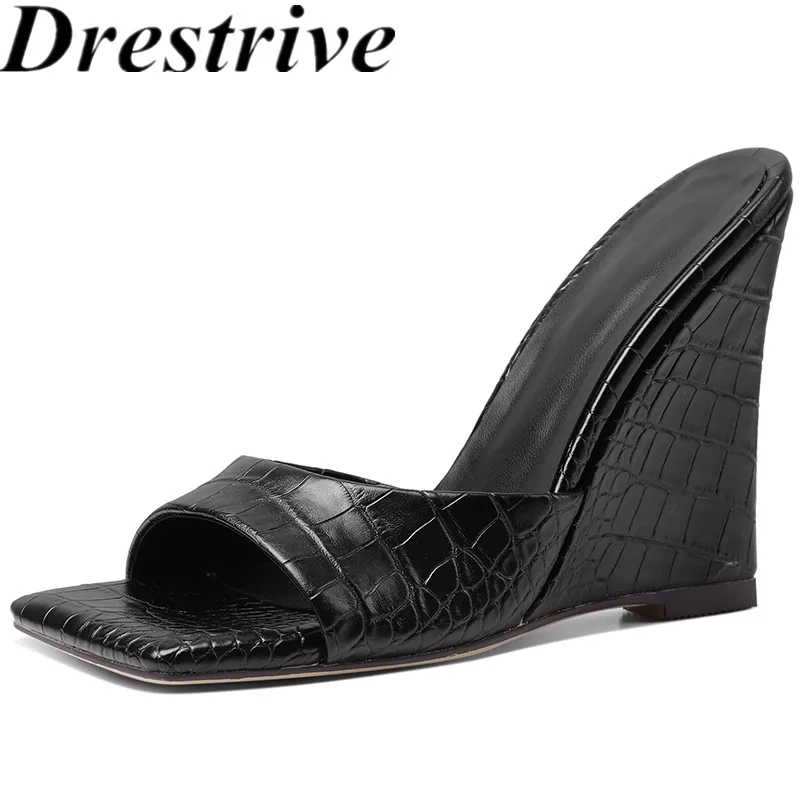 

Drestrive 2022 Summer Classic Slipper Outside Square Toe Crocodile Pattern Wedges Women Sandal High Heel Pu Leather