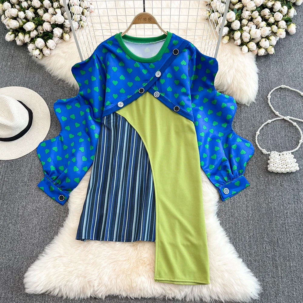 

SuperAen 2022 O Neck Patchwork Contrast Printing Long A Line Casual T-shirt Irregular Dresses for Women