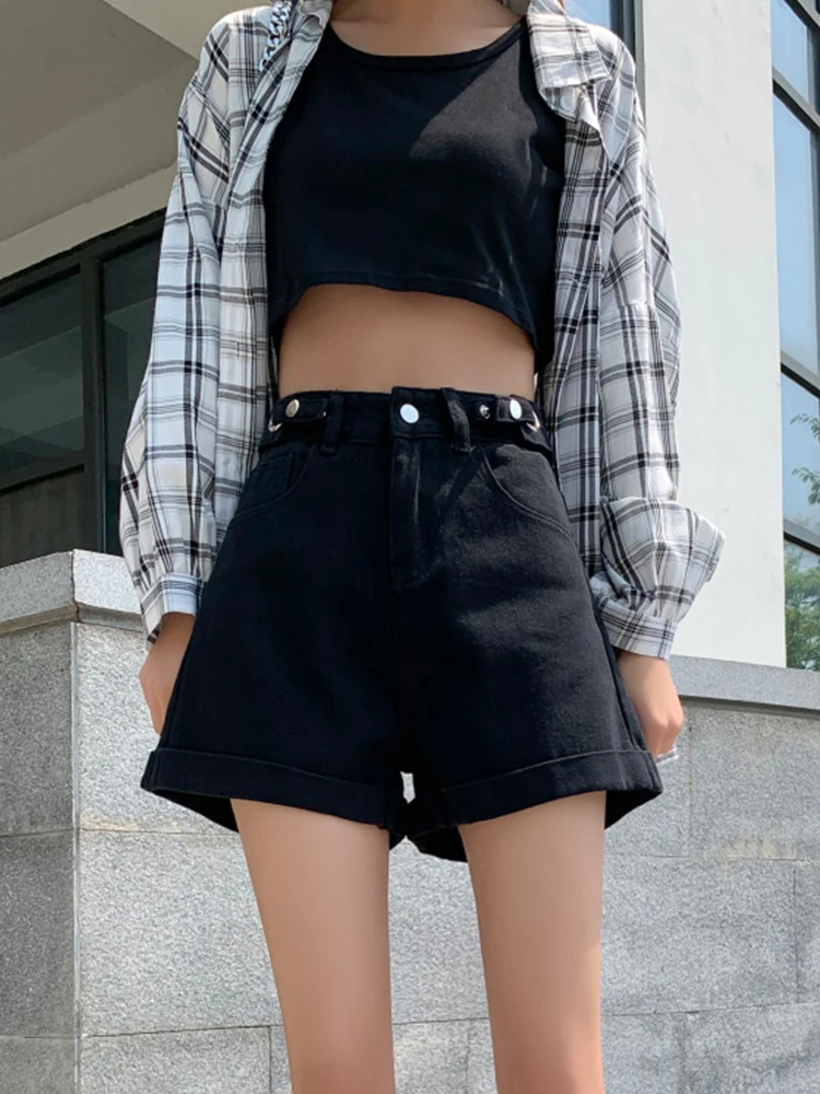Spring Summer Women High Waist Adjustable Wide Leg Denim Shorts Casual Female Button Straight Jeans Shorts Bottoms