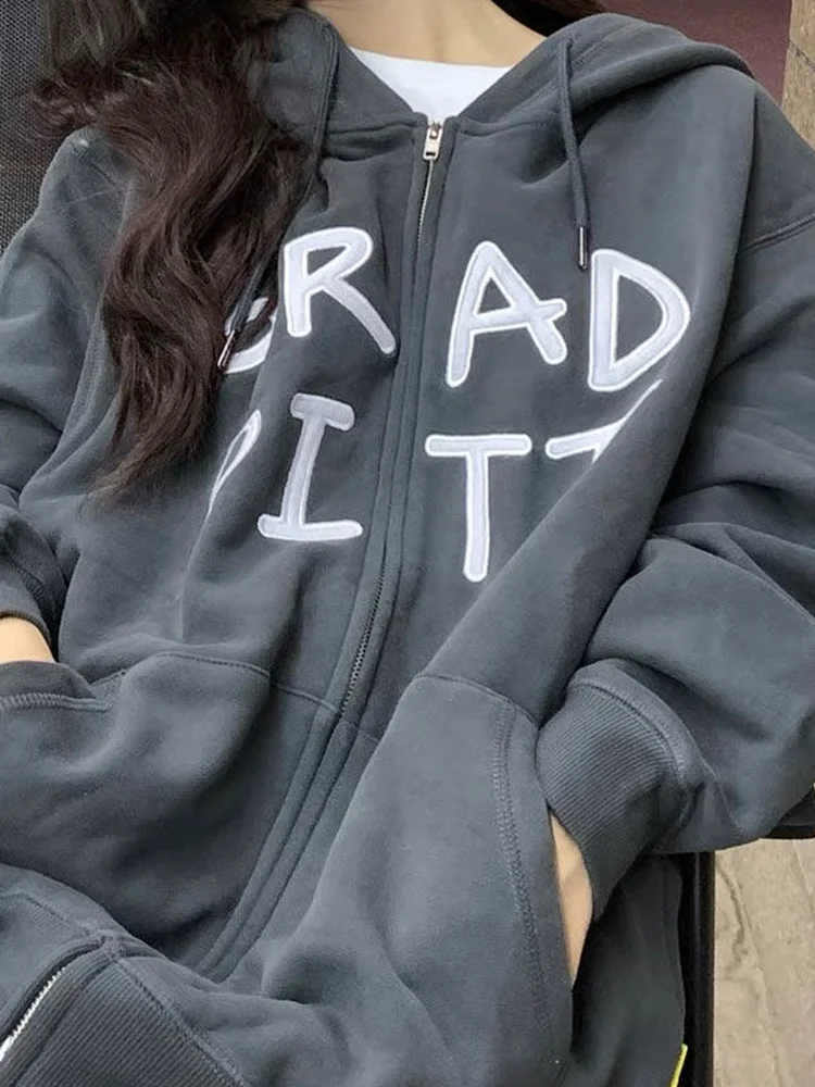 

Harajuku Zip Up Hoodie Women Gothic Letter Print Zipper Sweatshirt Korean Style Punk Grunge Coat Fall 2022 Fashion Alt Clothes