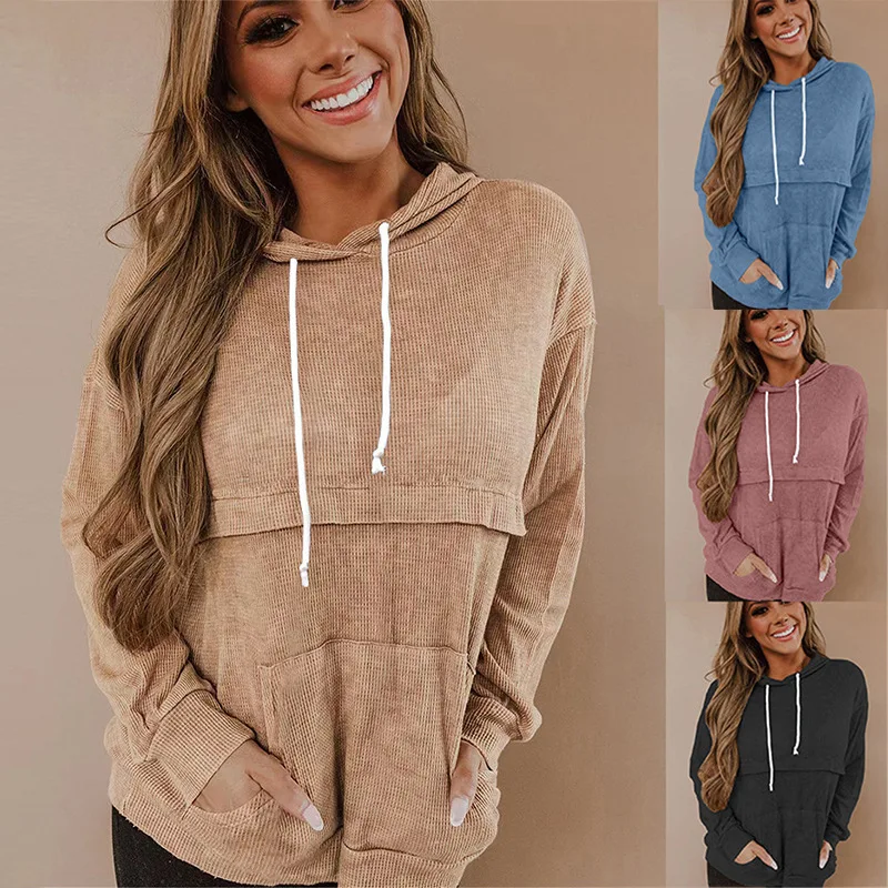 

Autumn and Winter 2022 New Women's Waffle Hooded Long Sleeve Shirt