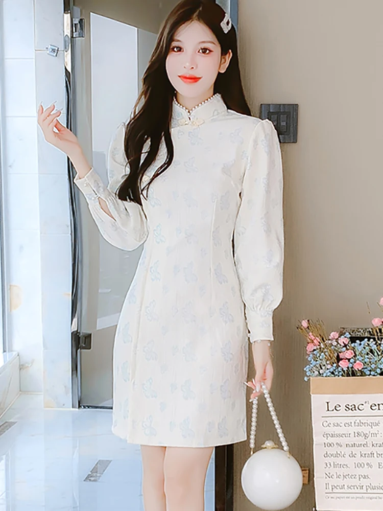

Осенне-зимнее белое жаккардовое мини-платье с бусинами женское шикарное роскошное праздничное платье 2023 корейские элегантные платья на день рождения
