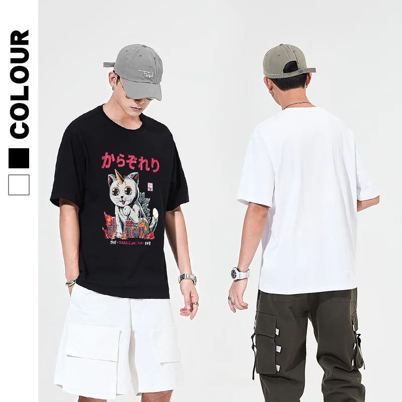 

Летняя новая стильная модная свободная Мужская футболка с коротким рукавом, повседневный Женский пуловер из чистого хлопка в стиле Харадзю...