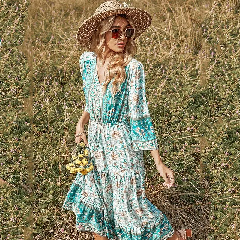 

Maxi Dress For Women Beach Outings 2022 Clothes New Neck Accept Minutes Long Sleeve Print Green Loose Polyester Sierra Surfer