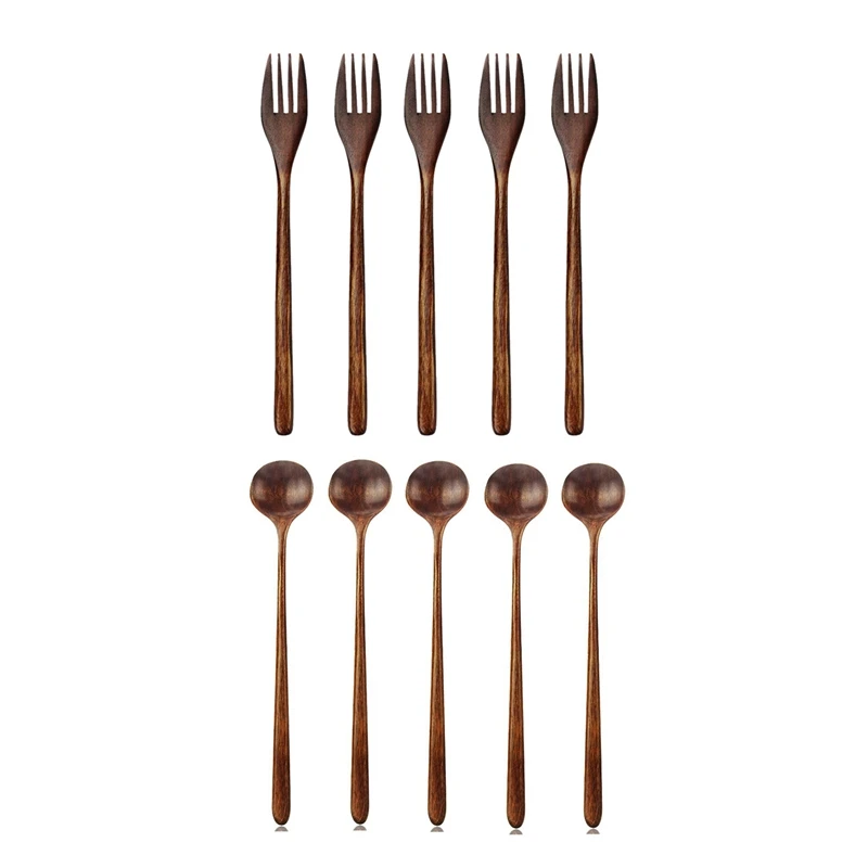 

Wooden Forks, 5 Pieces Japanese Wood Salad Dinner Fork & Long Spoons Wooden, 5 Pieces Korean Style 10.9 Inches