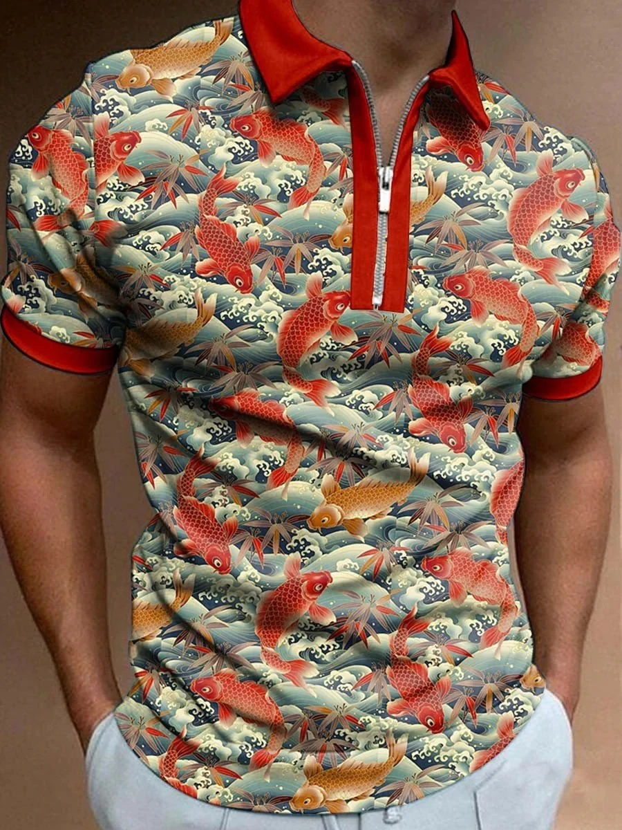 

Men's Fish Pattern Short Sleeve Polo Shirt 3D Printed Zip Up Polo Shirt