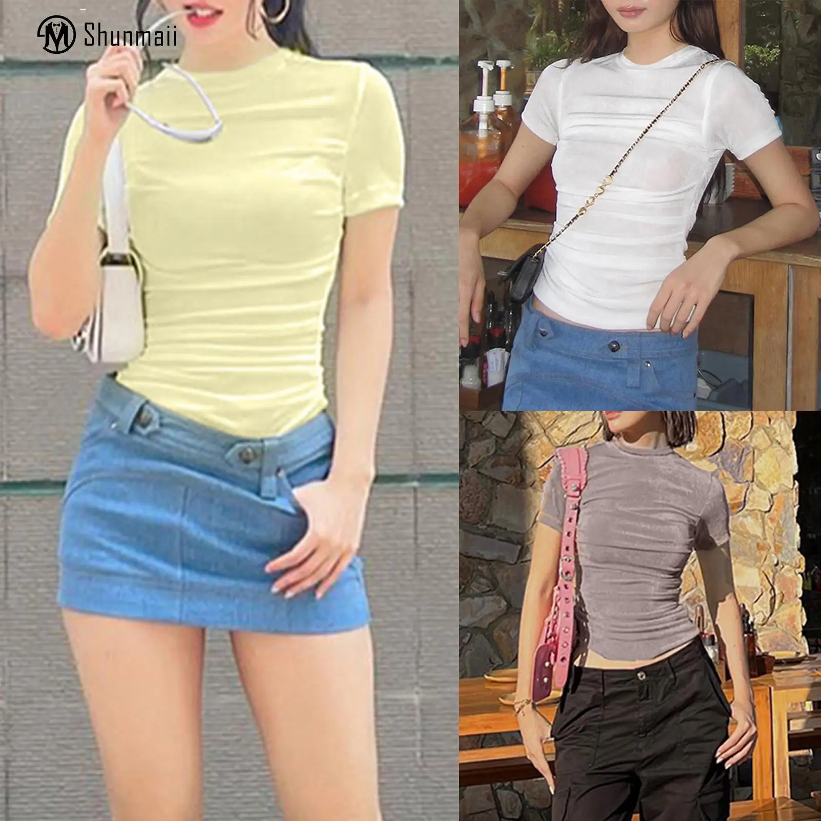

Y2K Style Women Summer T Shirts Ladies Basic Shirt Top Short Sleeve Bodycon Tank Top Solid Color Slim Fit Daily Suit