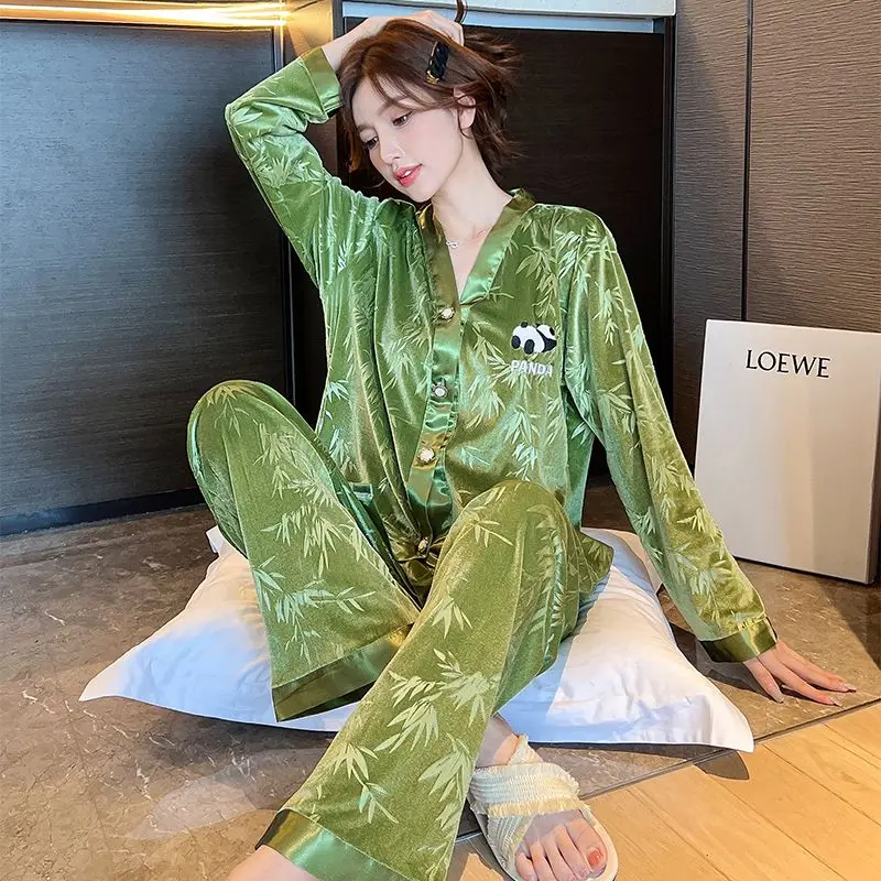 

Women's Pajamas Set 2023 Spring and Autumn New Fashion Golden Velvet Pijamas Korean Elegant Sexy V-neck Sleepwear Homewear Suit