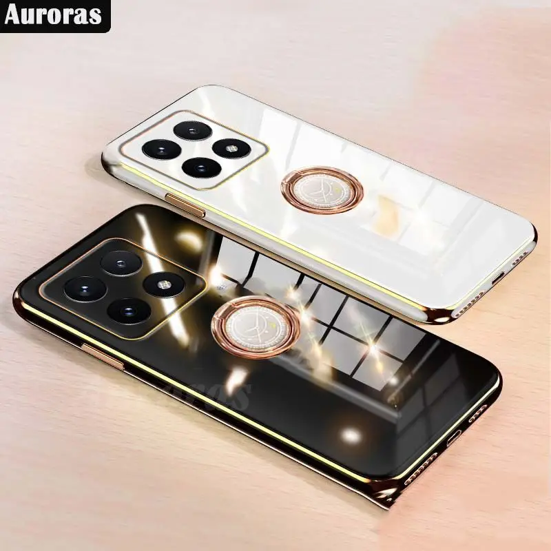 Чехол с квадратным кольцом-держателем для Xiaomi 14T Pro Мягкий Роскошный силиконовый