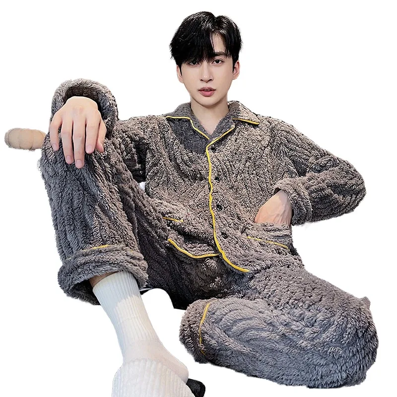 QUHENG 2022 Winter Coral Fleece Winter Men's Pajamas Set Thicken Warm Homewear Set Long Sleeve Trousers Home Clothes Nightwear