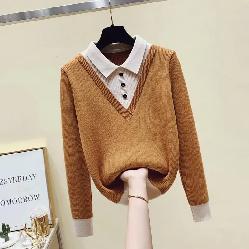 

False Two-piece Set Knit Shirt Korean Style Elegant Office Lady Casual Shirt for Female Autumn Winter Turn Down Collar Clothing