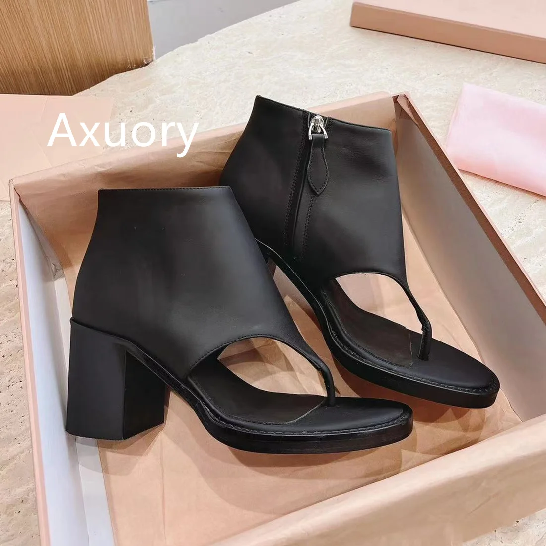 2023 New Women's Flip-flops Genuine Leather Fashion Style High heel 7cm Dress Shoe New Sandals Chunky Block Heel Ankle