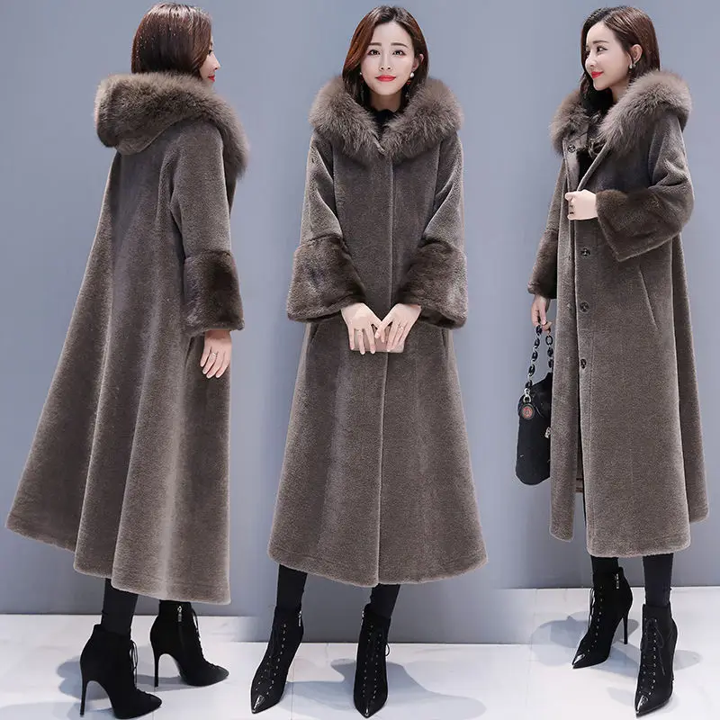 

Womens Long Faux Fur Coat Winter Fshion New with FurTrim Hood Single Breasted Wide-waisted Warm Fur Jacket Lugentolo