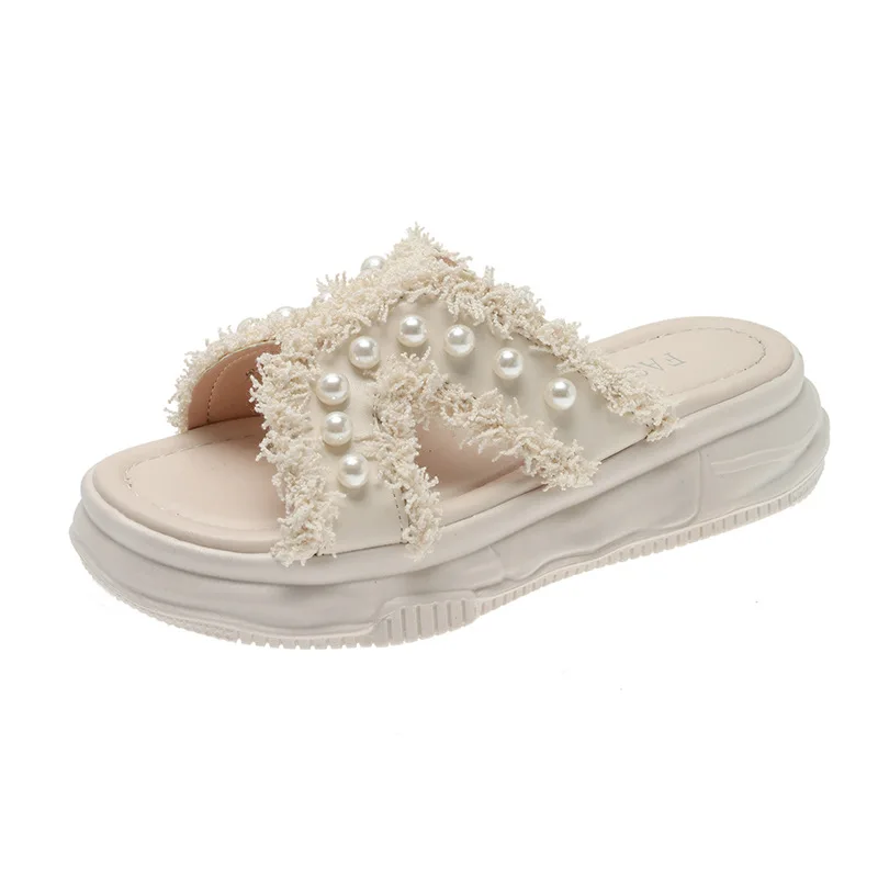 Canvas Pearl Slippers Women's Summer Shoes Fashion New Thick Sole Soft Sole Net Red Slippers