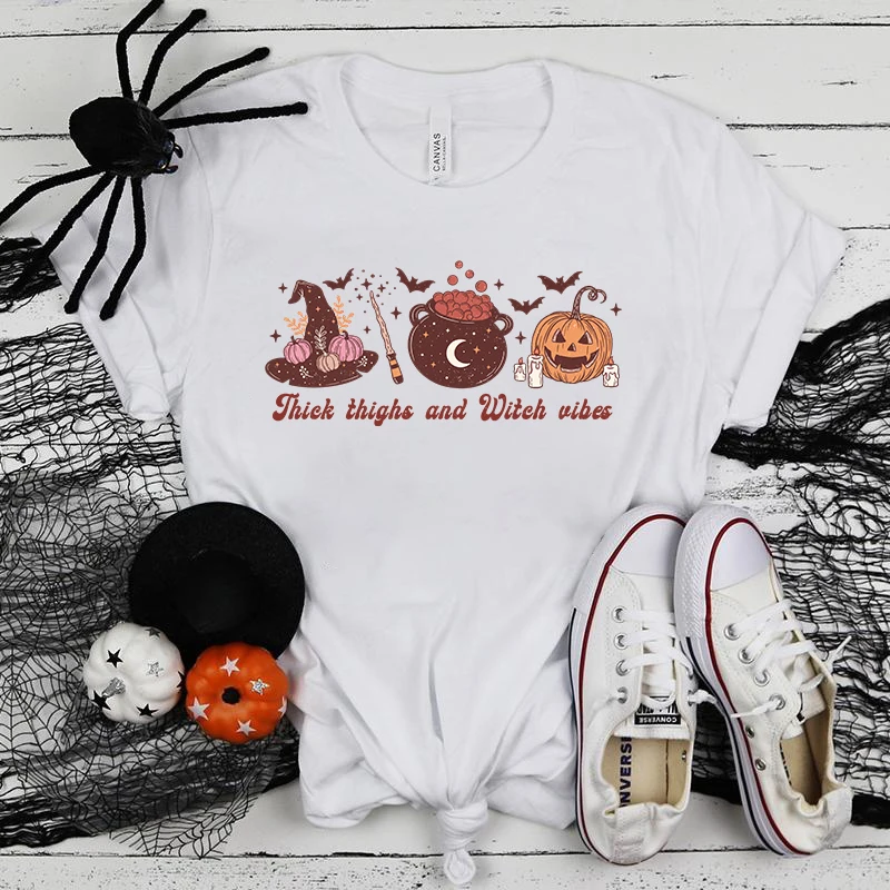 

(Премиум-футболка) Горячая Хэллоуин толстые бедра и ведьма вибрас принтом футболка Летняя Повседневная Свободная футболка Женские рубашки харадзюку