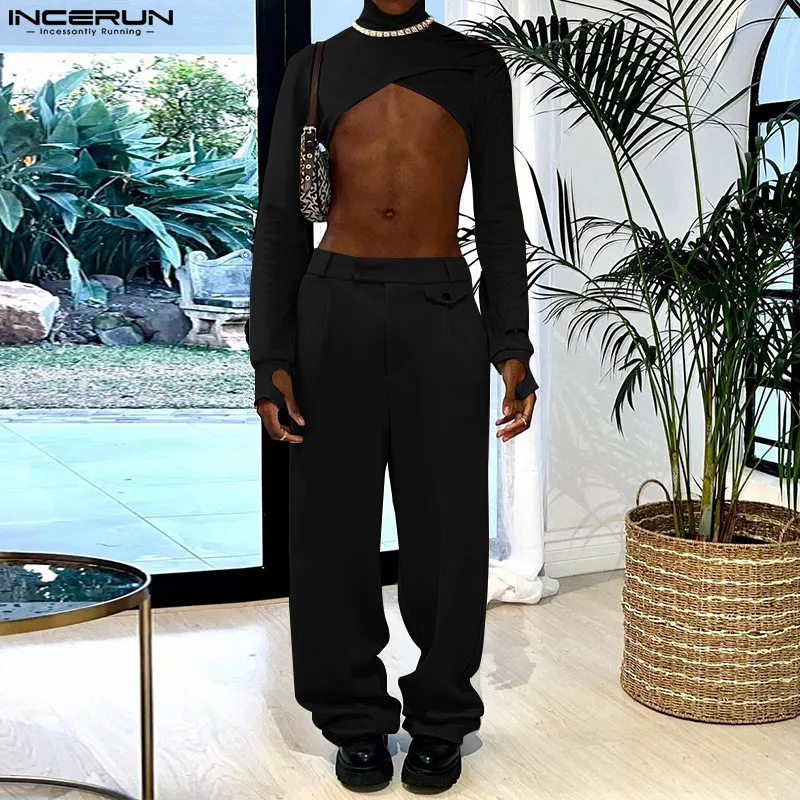 

INCERUN Men Sets Solid Turtleneck Long Sleeve Irregular Crop Tops & Pants 2PCS Streetwear 2022 Fashion Men Casual Suits S-5XL