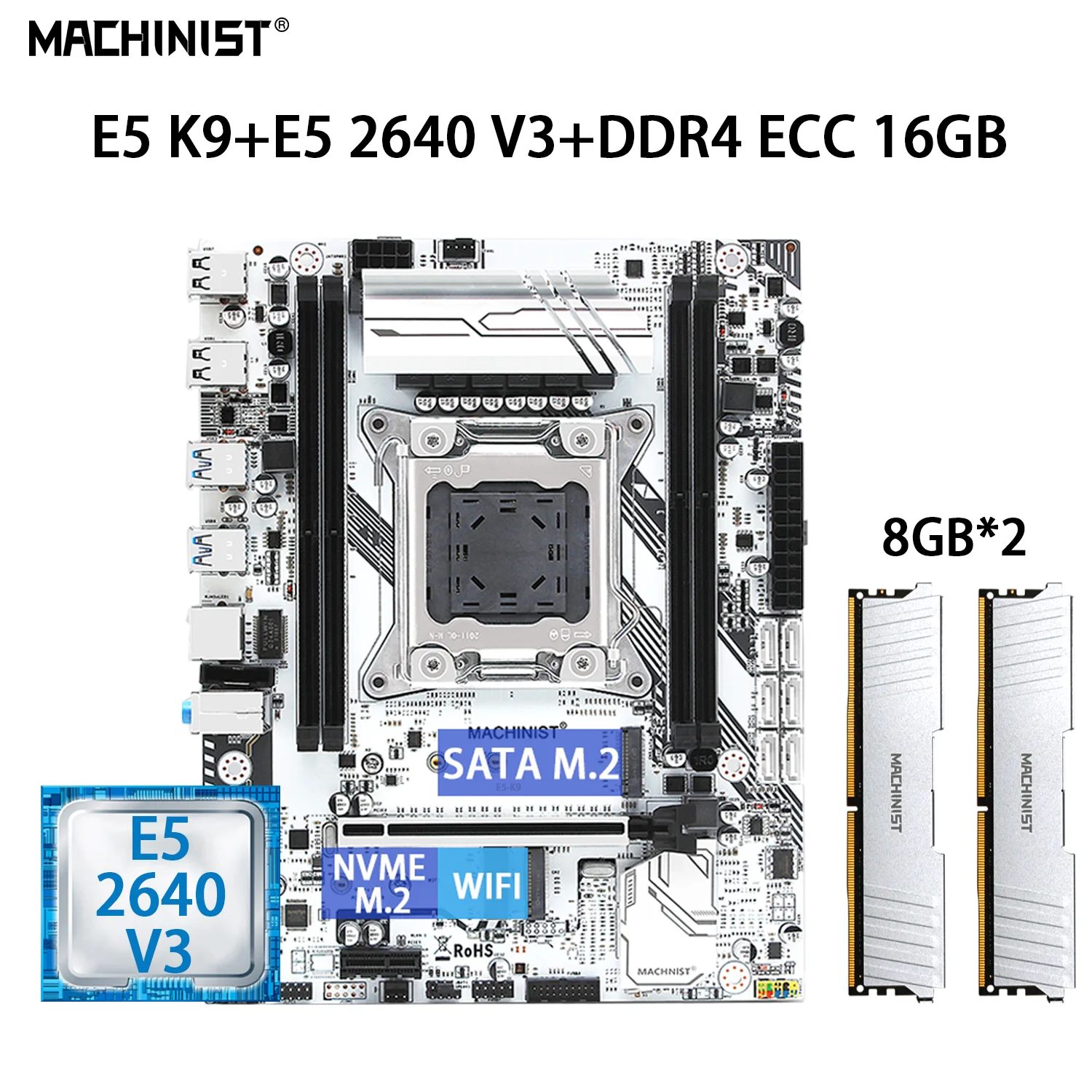 

MACHINIST E5 Motherboard Set Kit LGA 2011-3 With Intel Xeon E5 2640 V3 Processor Memory DDR4 ECC 2*8GB=16GB RAM NVME M.2 E5-K9