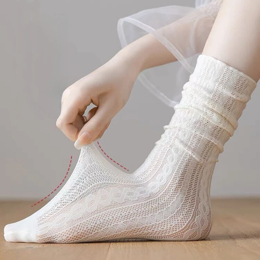 2 Pairs Women Fashion Long Bubbles Loose Socks Summer Spring Solid White Sweet Soft Lolita Korean Mesh Designer Breathable Lace