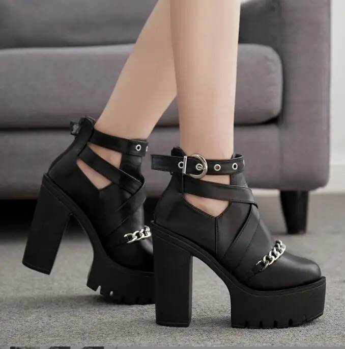 Autumn Winter Platform Boots For Women Sexy Round Toe Buckle Strap Pole Dance High Heels Pumps Fashion Sexy chain Black Shoes
