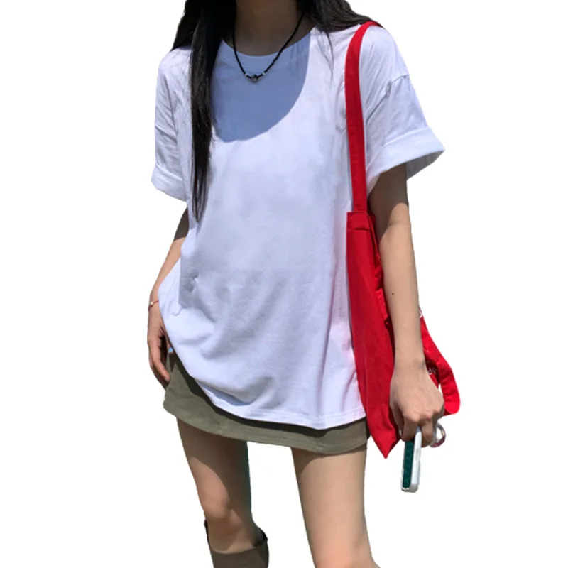 Новая летняя женская Однотонная футболка в стиле простоя свободный стройнящий