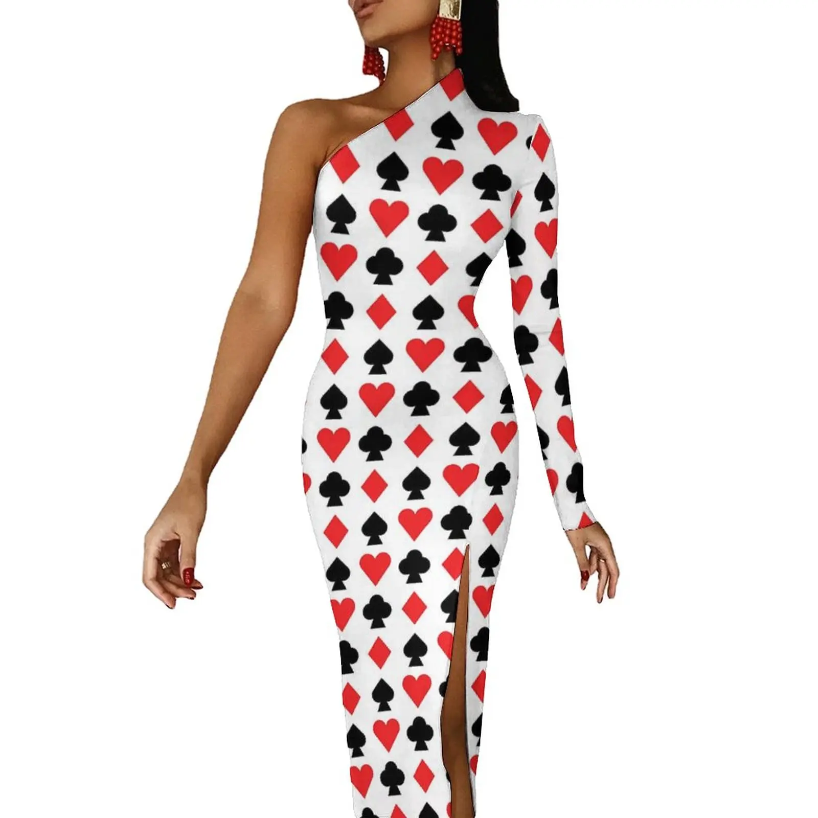 

Облегающее платье с принтом игральных карт, весеннее длинное платье в стиле ретро с высоким разрезом, платье на одно плечо с графическим принтом