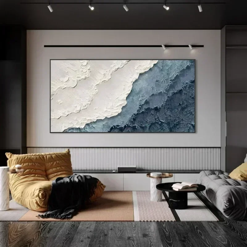 

3D Minimalist Blue Ocean Painting Handmade on Canvas Earth Tone Waves Texture Wabi-Sabi Art Wall Livingroom Fashion Room Decor