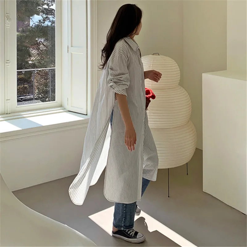 

SuperAen Loose Oversized Shirt Dress Cotton Linen Striped Cardigan Versatile Split Irregular Straight Long Dress