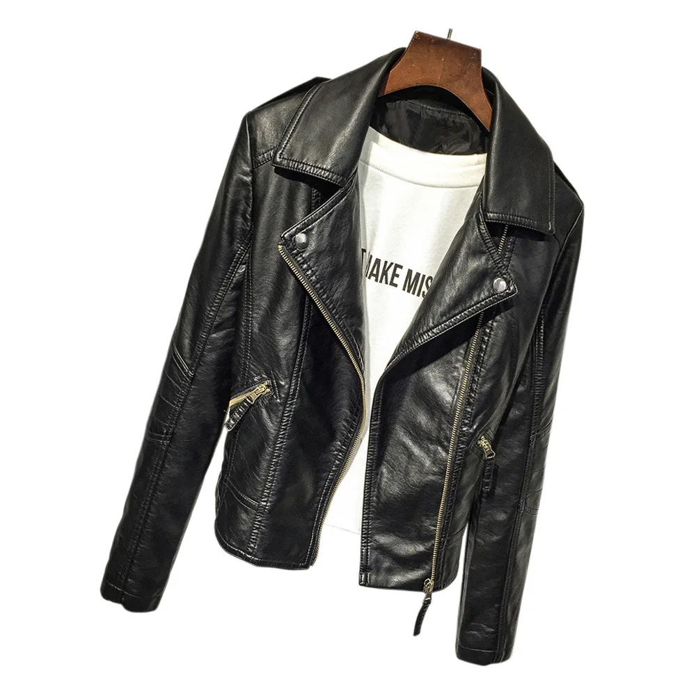 2023 Spring and Autumn ladies washed lapel motorcycle leather coat short coat