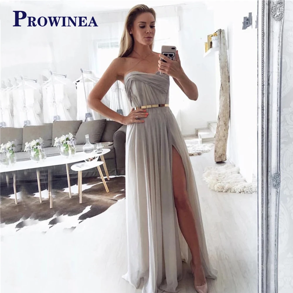 

PROWINEA Grey Sleeveless Slit Simple A-Line Evening Dress 2023 Chiffon Sleeveless Sexy Formal Dresses Vestidos Robes De Soirée