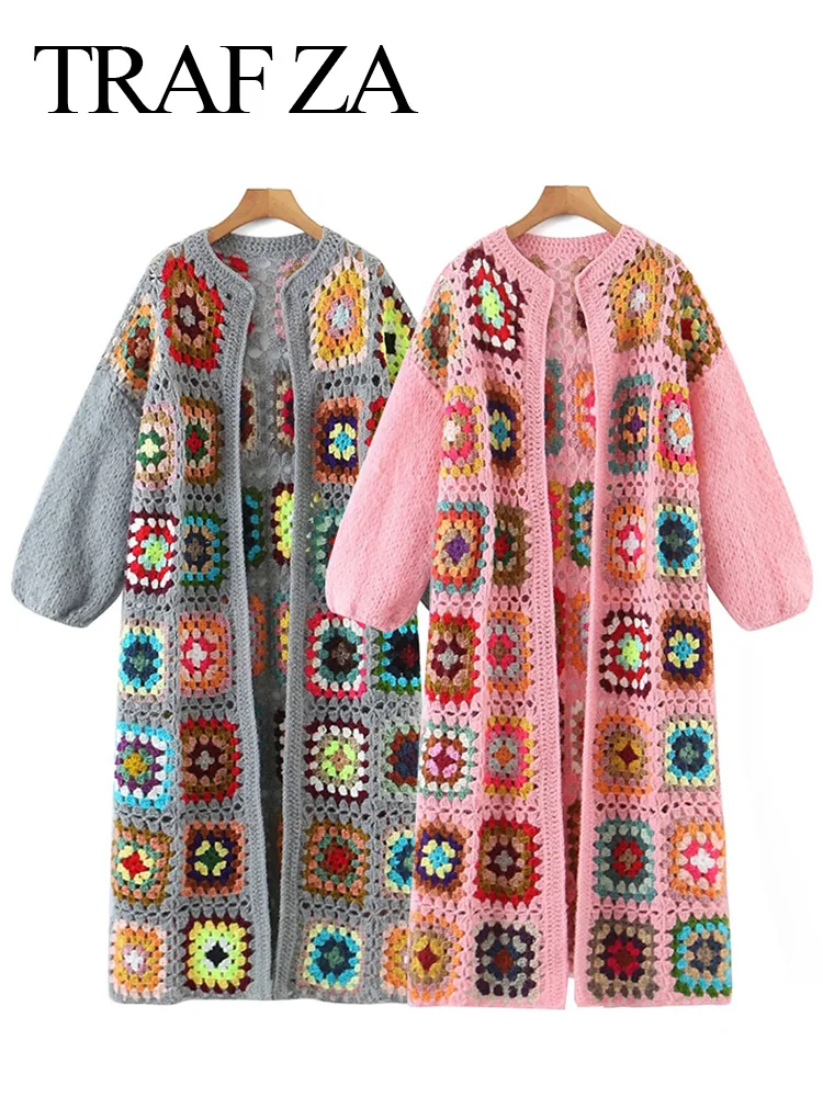 

TRAF ZA Elegant Crocheted Flower Stitching Cardigan Coat Long Multicolor Chic Casual Loose Senior Women Clothes Spring Autumn