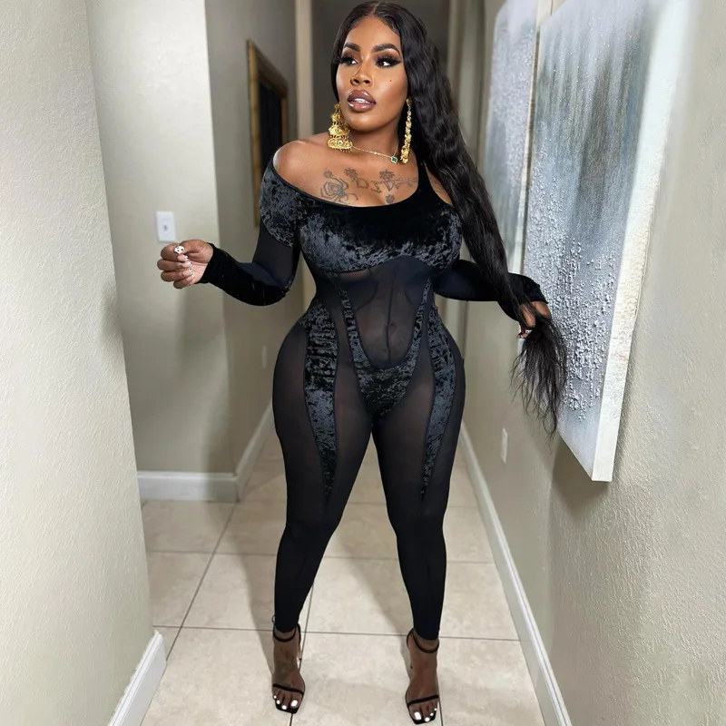 

Женский бархатный комбинезон на одно плечо, с длинным рукавом