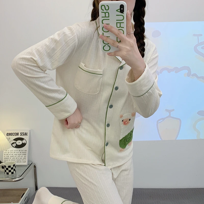 

Sheep Autumn Pajamas Set Women Single Breasted Shirts + Trousers Korean Sleepwear Solid Home Clothes Pocket Elegant