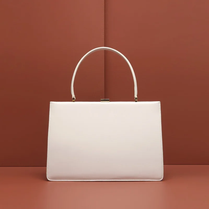 2023 New Vintage Genuine Leather Cowhide Handbag Fashion Pure Colour Large Clip Ladies Bags