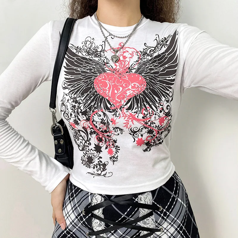 

Y2K Fairy Grunge Autumn Short Tee 2021 Printed Long Sleeve T-shirt Women Casual Grafic Top Harajuku Vintage Clothes tshirt women