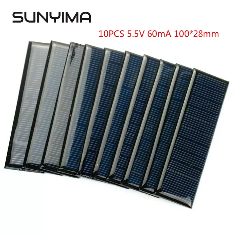 

SUNYIMA 10PCS Polycrystalline Solar Panel 5.5V 60mA Portable Mini Solar Cells for DIY Solar Charger Sun Power Module 100*28mm