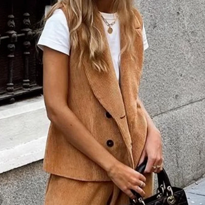 Street Fashion 2022 Autumn and Winter Corduroy Cardigan Suit Collar Single-breasted Sleeveless Solid Color Vest Jacket Women