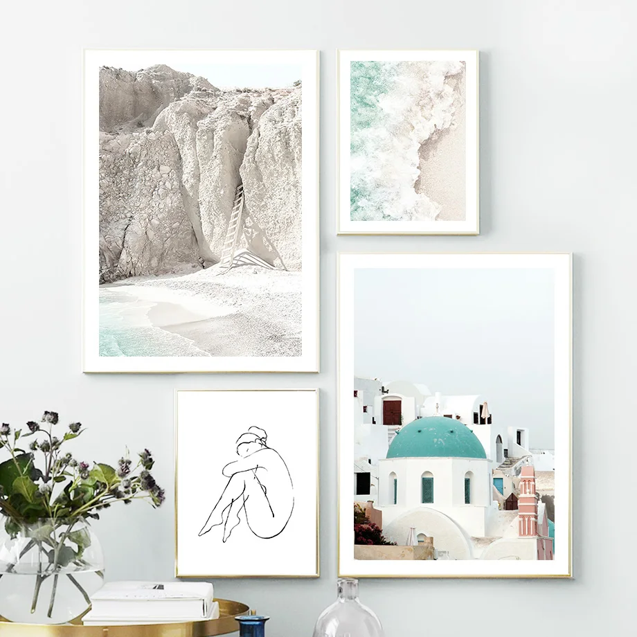 Санторини Греция пляж ракушки абстрактная девушка линии стены Искусство Холст