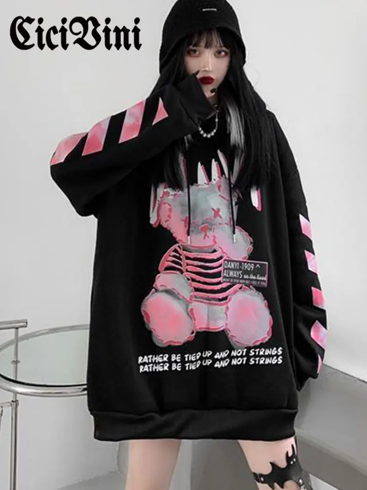 

CiciVini Gothic Women Top Bear Print Letter Ins Sweater Loose Personality Street Hooded Sweater Long Female Hoodies Punk
