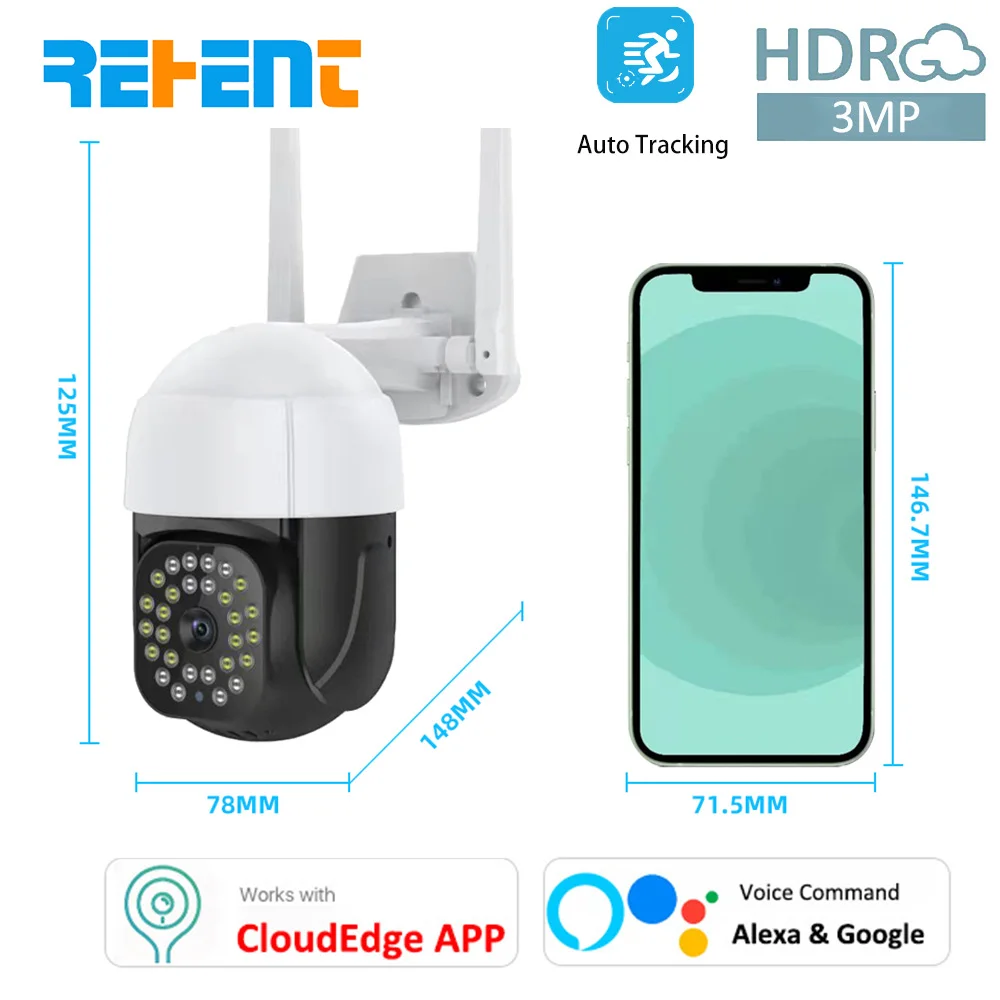 

REHENT 1,5-дюймовая наружная PTZ-камера 3-мегапиксельная Wi-Fi беспроводная система безопасности с автоматическим отслеживанием домашняя IP-камера ...