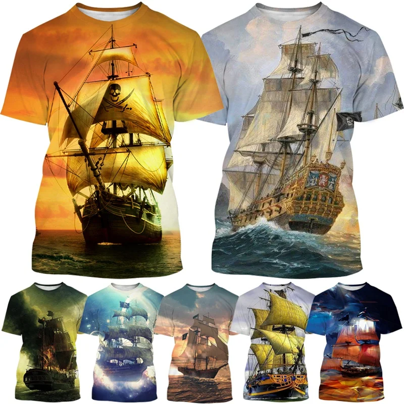 

Новинка 2023, футболка с 3D-принтом пиратского корабля, индивидуальная женская футболка, мужская повседневная футболка с круглым вырезом и короткими рукавами