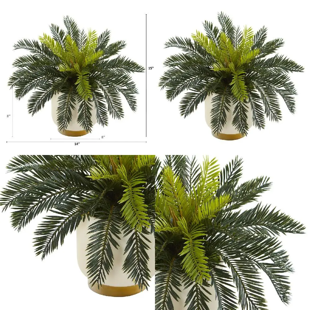 

Gorgeous Gold Base Cream Planter with Lifelike Artificial Cycas Plastic Plant.