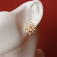 cross mesh pearl earrings hollow out zircon personality premium fence s925 silver stud earrings for woman party unusual jewelry
