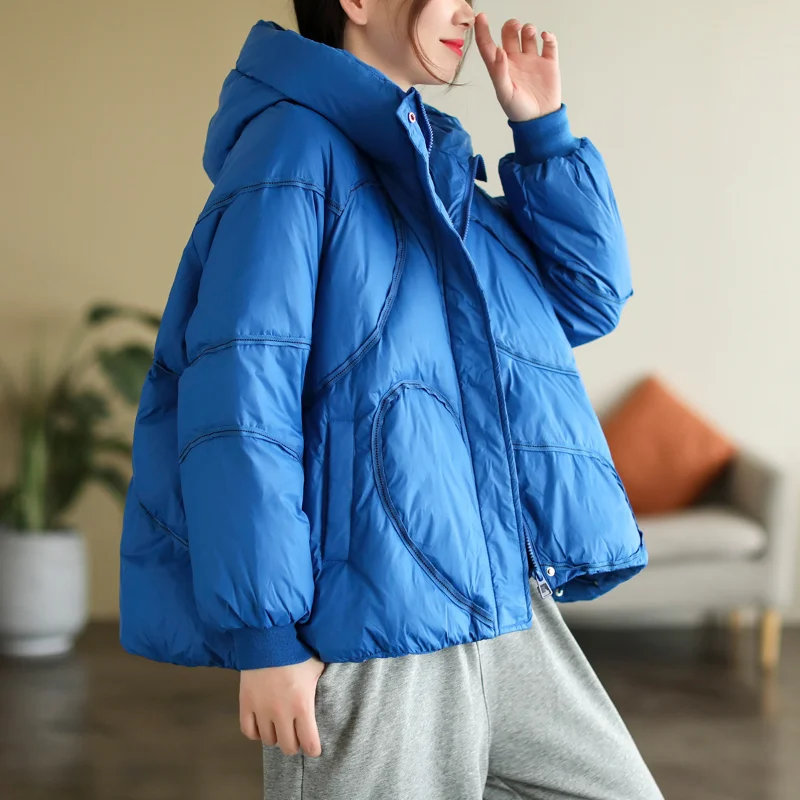2022 Autumn Winter New Women Hooded Down Jacket Fashion Design Plus Velvet Bread Jacket 50% White Duck Down Solid Color Coats