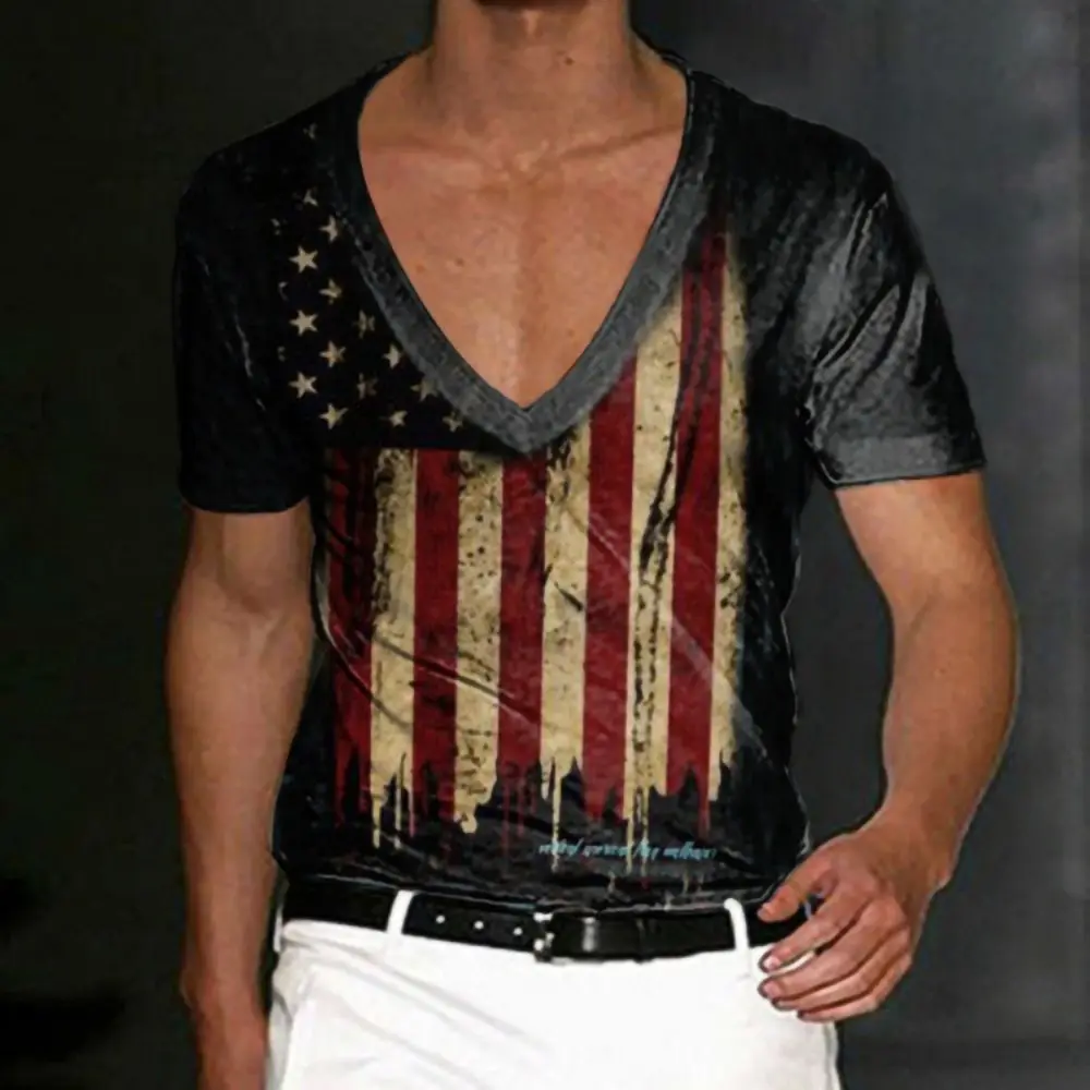 

Футболка мужская оверсайз с коротким рукавом, винтажная уличная одежда с графическим принтом, с американским флагом и V-образным вырезом, ру...