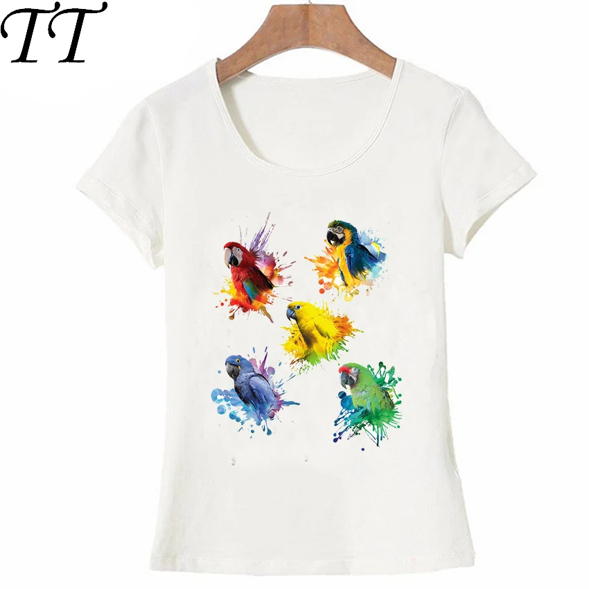 

2021 New Arrival summer colorful Macaws art T-Shirt cute Women t-shirt novelty parrots design Tops fashion ladies casual Tee