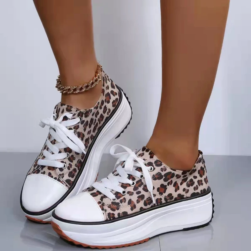 

2022 New Summer Women's Vulcanized Shoes Fashion Canvas Shoes Platform Shoes Lace-up Sneakers Women's Leopard Print Casual Shoes