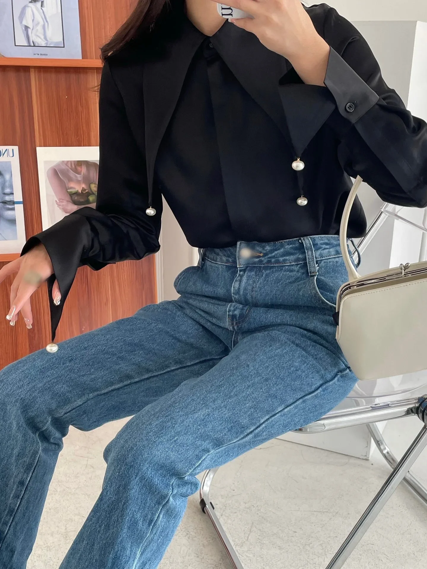 Модная нишевая рубашка с подвеской из жемчуга 22 женская на пуговицах в