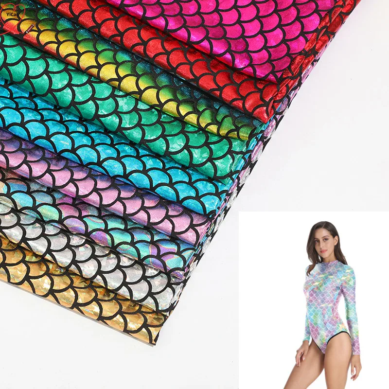 

Cheap 100x150cmSparkly Hologram Spandex Mermaid Printed Swimsuit Fish Scale Stretch Fabric Dancer Swimwear Laser Gold Stamping