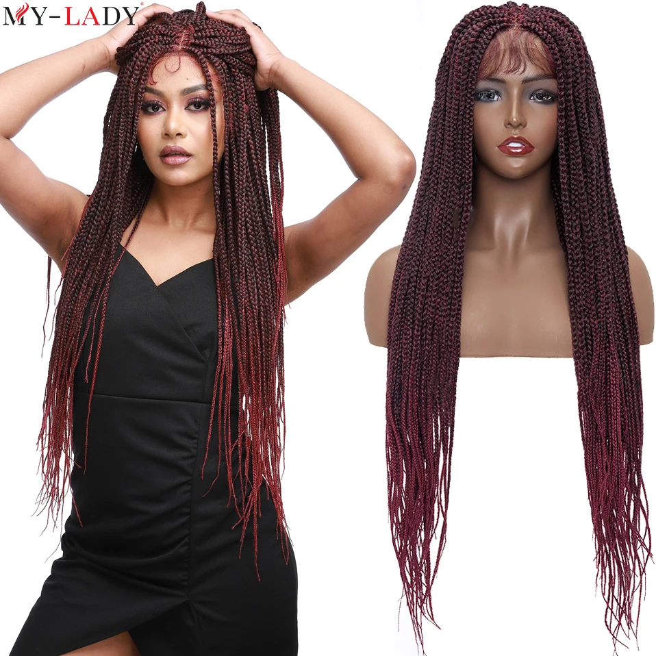 My-Lady Synthetic Ombre Braided Lace Front Wig With Baby Hair 32'' Long Box Braids Wigs For Black Women Cornrow Braids Lace Wigs
